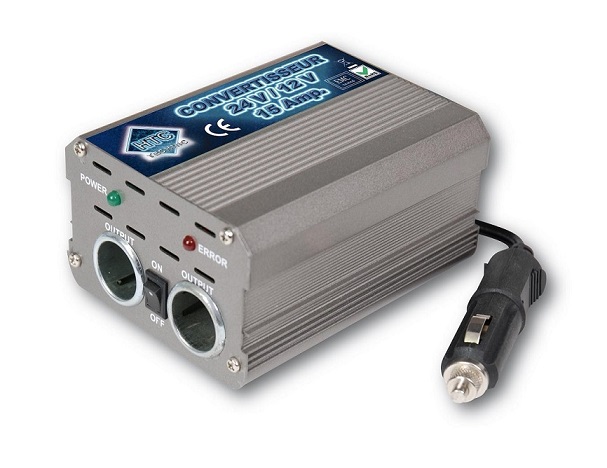 Convertisseur de tension de 24V a 12V, 15A + 2 prises allume-cigare femelle puissance 180W