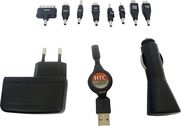 Kit chargeur allume cigare 8 embouts 12V/24V/220V avec USB-A 1A