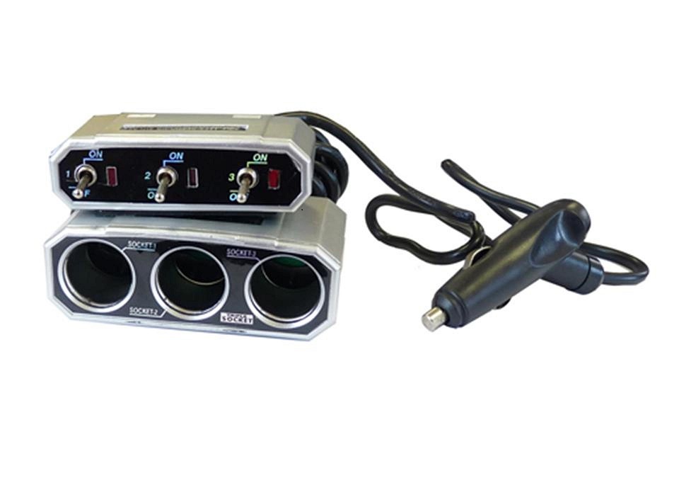 Triple prise allume cigare 5A avec cordon et 3 interrupteurs s&eacute;par&eacute;s