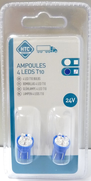 Paire d'ampoules 4 leds 24V T10 bleu