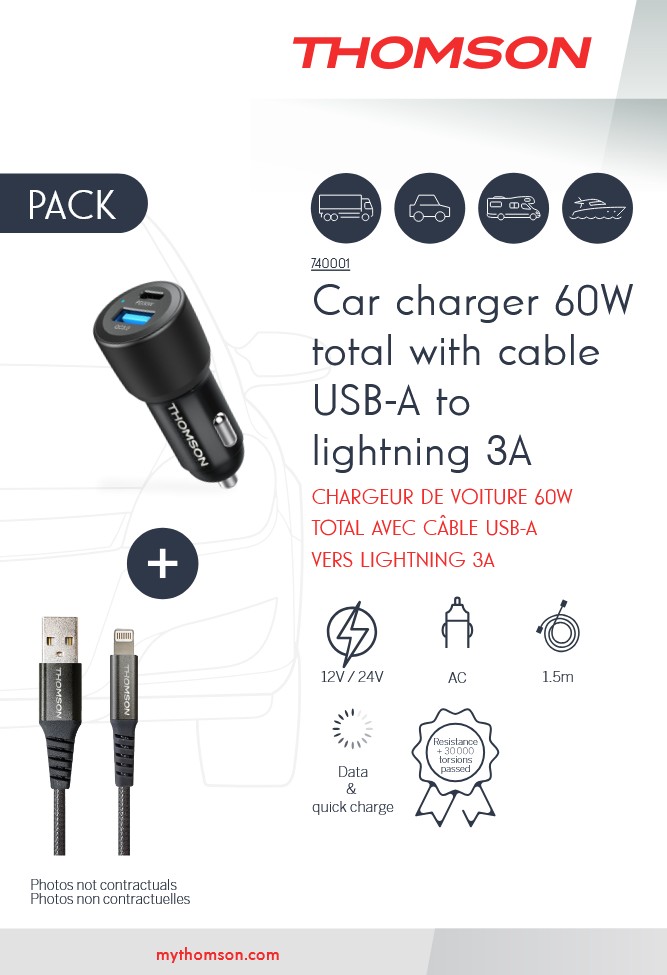 PACK CHARGEUR DE VOITURE 60W TOTAL  12V/24V AVEC CABLE  USB-A VERS  LIGHTNING 3A