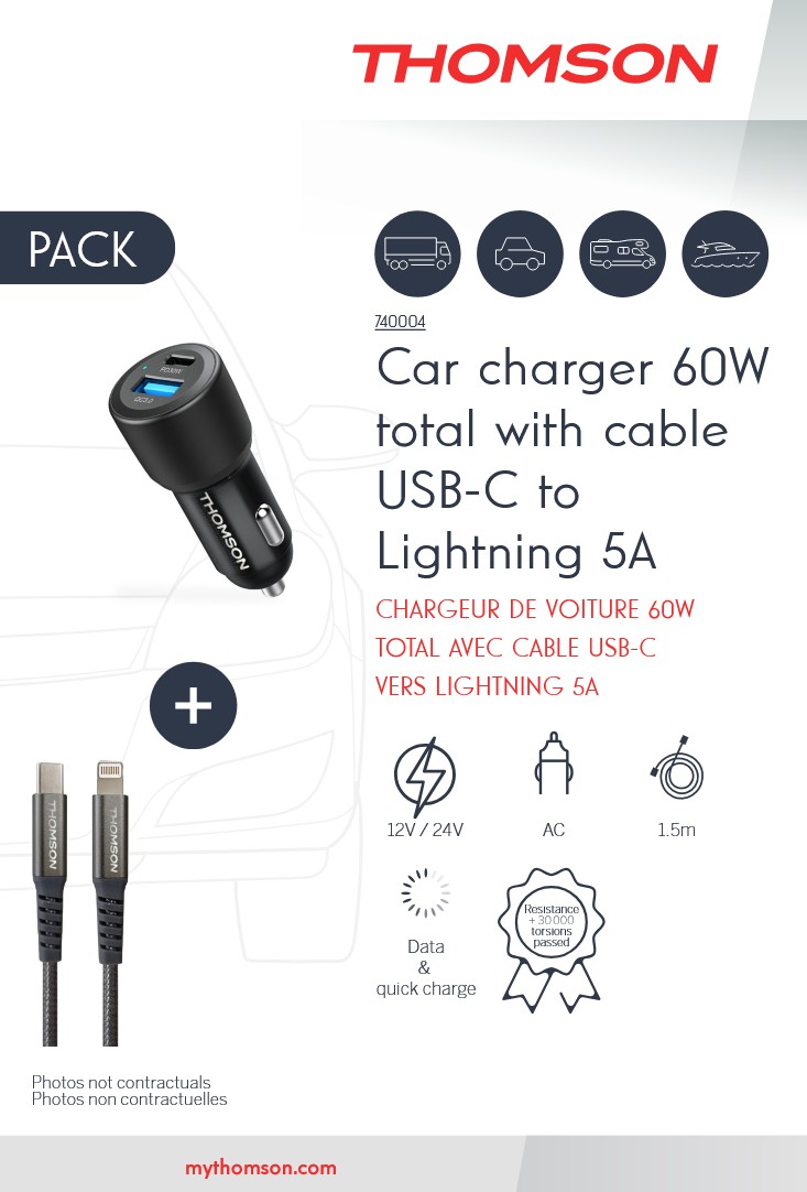 PACK CHARGEUR DE VOITURE 60W TOTAL  12V/24V AVEC CABLE  USB-C VERS  LIGHTNING 5A