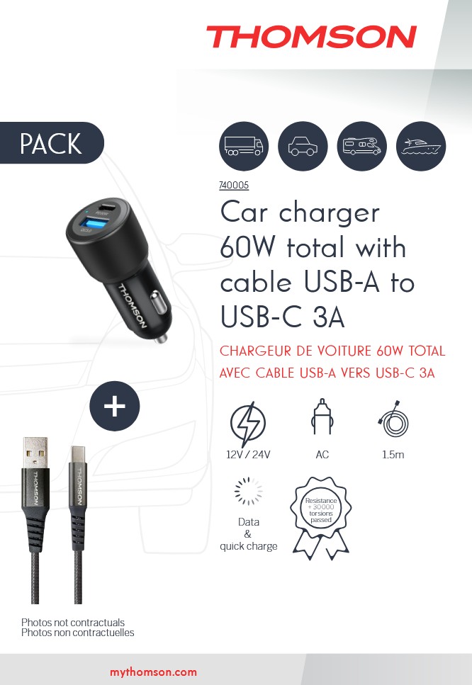 PACK CHARGEUR DE VOITURE 60W TOTAL  12V/24V AVEC CABLE  USB-A VERS  USB-C 3A